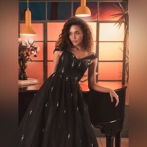 Mac Duggal Black Off-Shoulder Embellished Tulle Evening Gown